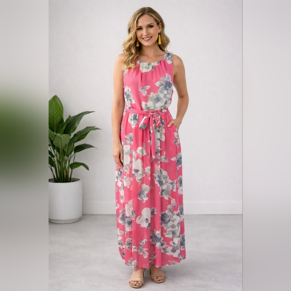JH Design Pink & Gray Floral Sleeveless Maxi Dress | Women’s Size 12 #1058